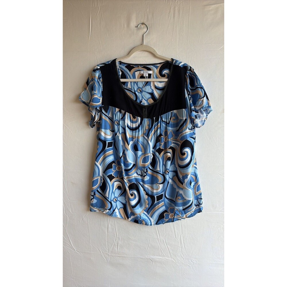 Dressbarn Woman Vintage Blue & Tan Psychedelic Floral Blouse